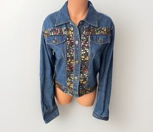 New Identity Denim Jean Jacket Size S Sequin Embroidered